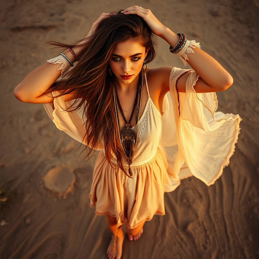 Desert setting, bohemian model, flowy dresses, earthy tones, rustic sunset effect,  equipped with a 12mm lens to capture an overhead view of the model, emphasizing symmetry and spatial positioning