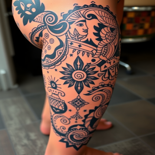Elaborate Polynesian tribal tattoo extending from hip to ankle, showcasing intricate cultural patterns and symbols in bold black ink with negative space