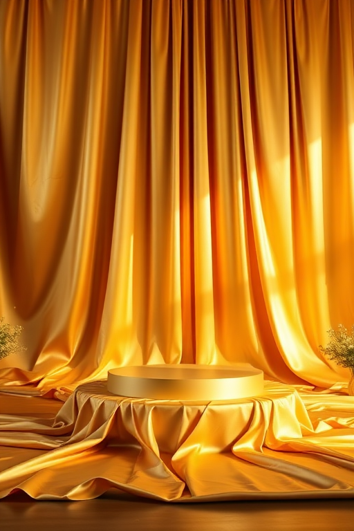 create an image of a golden backdrop with flowing satin fabric and a circular podium in the center, using a DSLR camera with a 50mm lens at f/1.8, ISO 100, and a shallow depth of field, captured in soft natural lighting with a slight warm tint for enhanced richness and detail