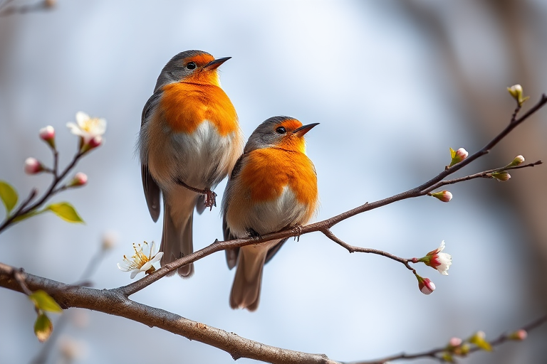Capture a vibrant scene of two robins perched on a branch with fresh blossoms, using a Canon EOS 5D Mark IV, 200mm lens, f/4 aperture, ISO 400, shot in natural light with a shallow depth of field for a soft background.