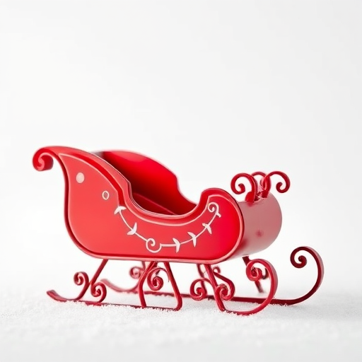 Create an image of a festive red sleigh with sparkles against a soft white background, using a DSLR camera with a 50mm lens, aperture set to f/2.8, ISO 100, shot in natural light from a low angle view for enhanced depth and clarity.