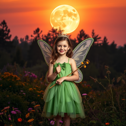 A vivid photo  taken under a bright camera flash of a fantastical scene set against a backdrop of a forest during sunset. The main subject is a girl dressed as a fairy, adorned with translucent wings and a green dress, holding a wand, her face is happy, and she wears a crown on her head. The forest behind her is a blend of flowers, shrubs and trees. The sky is painted in hues of orange and pink, with a large, glowing moon casting a warm glow over the scene. The overall color palette is dominated by earthy tones.