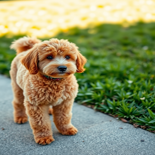 Capture a vibrant image of a fluffy reddish-brown poodle standing on a textured gray sidewalk, with a blurred background featuring green grass under soft natural lighting, using a DSLR camera, 50mm lens, aperture f/2.8, ISO 100, and a shallow depth of field.
