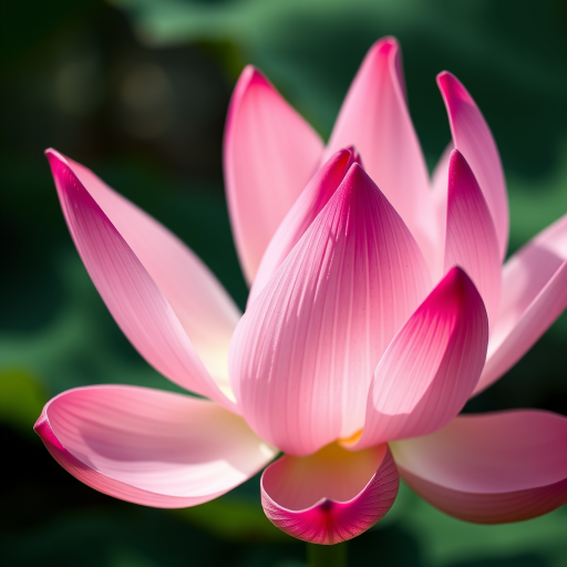 highly detailed close-up of a pink lotus flower with green leaves, soft natural lighting, aperture f/2.8, shutter speed 1/200s, ISO 200, macro lens, DSLR camera, shallow depth of field