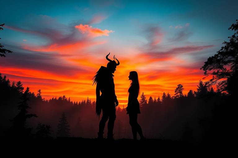 generate a digital artwork of a sunset silhouette scene featuring two figures standing face to face, one with devil-like features, set in a dense forest with mist, vibrant colors in the sky, using a Canon EOS R5, 35mm lens, f/2.8, ISO 100, at dusk for enhanced depth and clarity