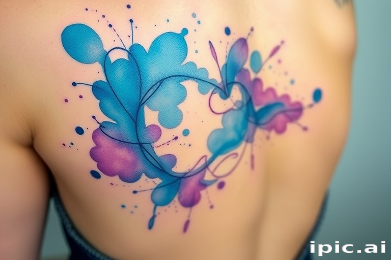 Vibrant watercolor splashes form an intricate "Aquarelle Dream" tattoo, blending soothing blues and purples with delicate linework, creating a dreamy and ethereal appearance on the skin