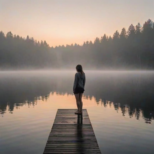 Foggy lake at dawn, the still water reflecting the sky, a woman stands barefoot on the dock, arms wrapped around herself, savoring the peaceful solitude.