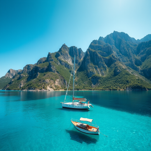 sailing boat on clear blue water with mountains in the background during daylight, captured with a Canon EOS R5 at f/8, 1/200s, ISO 100, wide-angle lens, aerial view, high dynamic range imaging