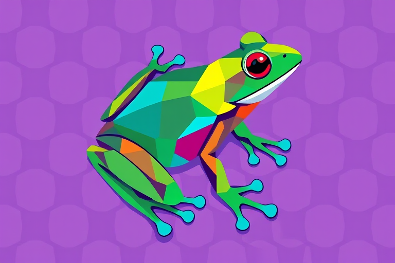 Create a stylized illustration of a frog with geometric shapes and vibrant colors on a purple hexagonal patterned background, using a Canon EOS R5 camera with a 50mm f/1.2 lens, aperture set to f/4, ISO 100, and a shallow depth of field to enhance the image quality.