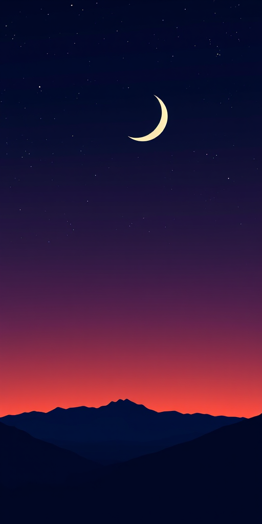 Create a digital illustration of a night sky with a crescent moon and a shooting star above a silhouette of mountains, sunset gradient background with deep purple to dark blue hues, using a DSLR camera for a high-quality finish, setting aperture to f/2.8 and ISO 800, shot from a low angle for depth.