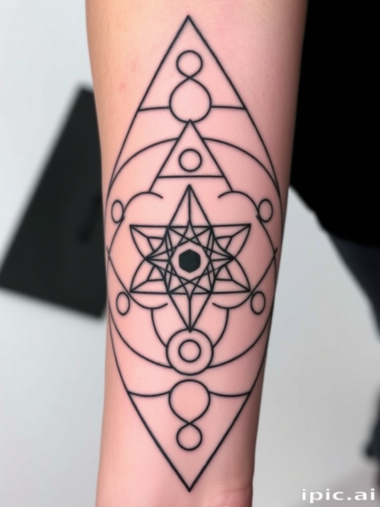 Minimalist geometric blackwork tattoo called "Sacred Symmetry" showcasing clean precise lines forming intricate patterns of interlocking triangles circles and hexagons arranged in perfect symmetry creating a mesmerizing optical illusion effect with bold solid black ink contrasting sharply against the skin's natural tone emphasizing the stark simplicity and mathematical precision of the design