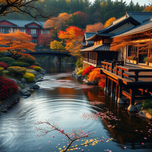 create a serene landscape scene depicting a tranquil river flowing through a traditional Asian garden with wooden bridges, vibrant autumn foliage, and scattered flowers on the water surface, captured with a Canon EOS R5 at f/1.8, ISO 100, 50mm lens, 1/200 sec exposure in golden hour lighting to enhance colors and details.