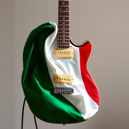 Create a high-resolution vector illustration of a guitar with a wavy Italian flag draped over it, using a Canon EOS 5D Mark IV with an aperture of f/4, shutter speed of 1/200s, ISO 100, shot from a slightly elevated angle, soft natural lighting to enhance detail and color vibrancy.