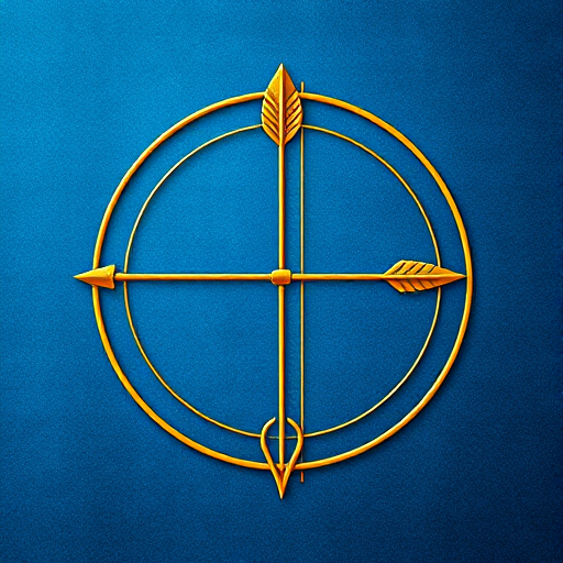 Create an illustration of the Sagittarius zodiac sign featuring a golden bow and arrow within a circular design, set against a textured blue background, shot with a Canon EOS R5 at f/8, ISO 100, 24mm, 1/250s, using a macro lens for sharp details and vibrant colors.