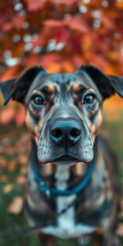 Close-up portrait of a brindle dog with a soft focus on autumn leaves in the background, 50mm lens, f/1.8 aperture, ISO 200, natural lighting, DSLR camera, shot from eye level.