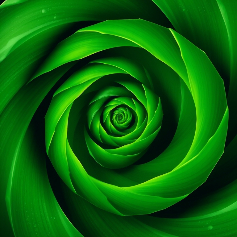 Create a vibrant green spiral pattern with sharp edges and high contrast, captured with a DSLR camera, 50mm lens, f/8 aperture, 1/250 sec shutter speed, ISO 100, in a top-down view to enhance detail and depth.