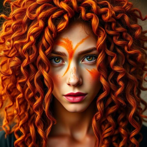 Fiery copper ringlets frame the face in a wild, untamed mane that reaches the shoulders, with streaks of golden sunbursts woven throughout, embodying the spirit of a passionate flame dancer called Ember Spiral