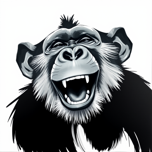 Abstract black and white acrylic portrait of an over exaggerated laughing (monkey). Minimalism style. White background.