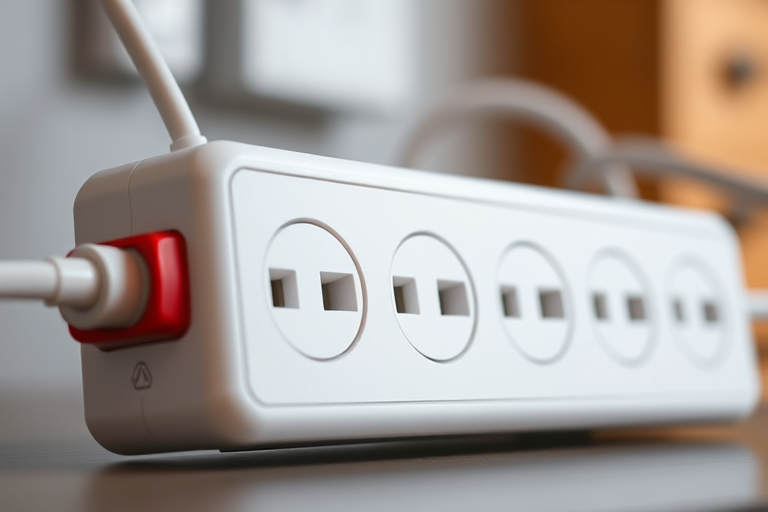Create a realistic close-up image of a white power strip with four sockets and a red switch, captured using a DSLR camera with a 50mm lens, aperture set to f/2.8, ISO 100, and natural lighting to enhance clarity and detail.