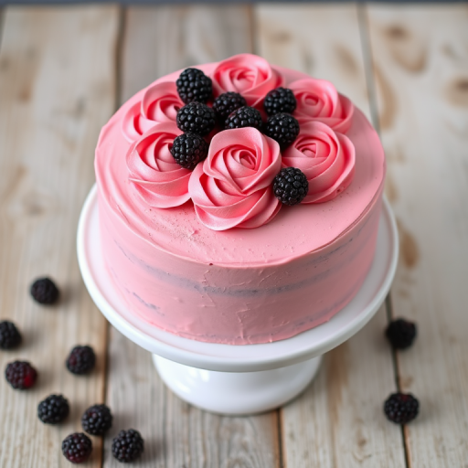 A round cake with a smooth pink frosting decorated with rose-shaped pink icing and fresh blackberries on top, placed on a white cake stand, with a rustic wooden background and a few scattered blackberries around it.