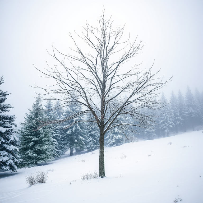 Capture a winter landscape featuring a barren tree lined by snow-covered evergreens, with a foggy atmosphere; use a DSLR camera with a 24mm lens, aperture f/8, ISO 200, shutter speed 1/200s, in natural light to enhance image quality.