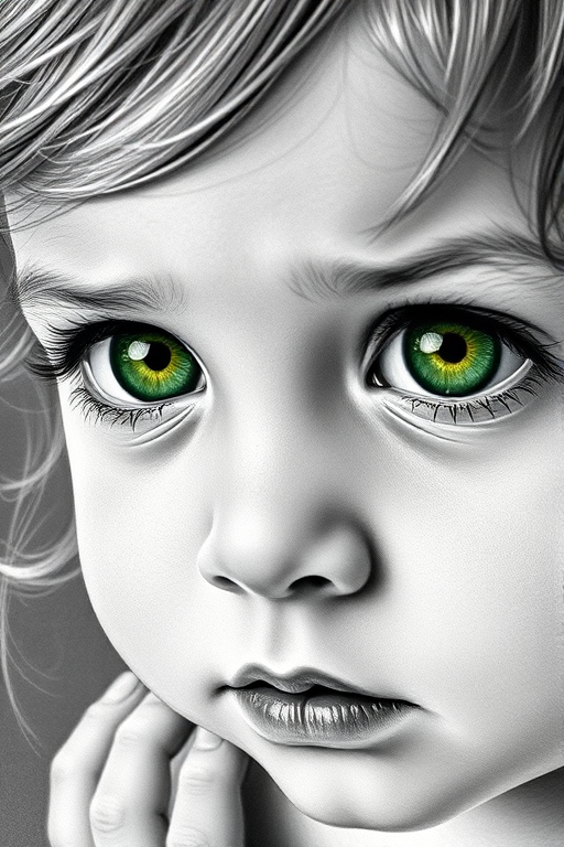A hyperdetailed photorealistic black and white sketch of a beautiful toddler with deep green eyes, with a macro focus