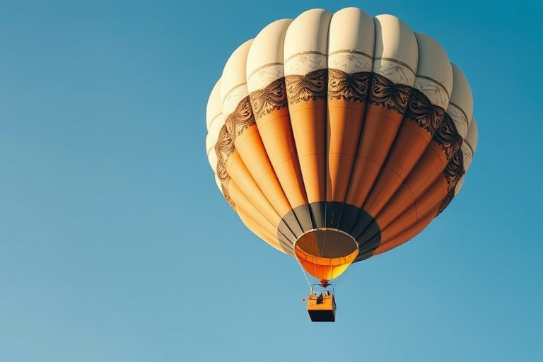 Create a high-quality 3D rendering of a vintage hot air balloon with a detailed texture and design, in a clear blue sky background, shot with a DSLR camera at f/8 aperture, 50mm lens, ISO 100, in soft natural lighting, with a slight tilt-up angle to emphasize the balloon's height.