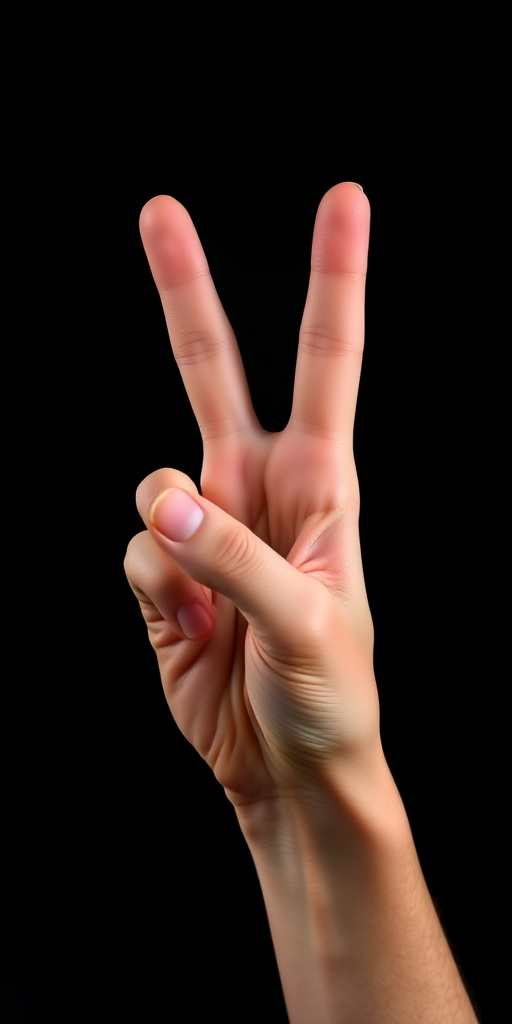 Create an image of a stylized hand showing the peace sign, using a high-resolution digital format, with a shallow depth of field, captured at f/2.8, ISO 100, in a studio lighting setup with a clean black background.