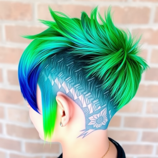 Edgy Neon Undercut pixie style with vibrant green roots fading into electric blue tips, paired with shaved sides featuring intricate geometric patterns