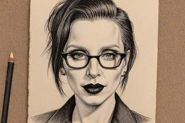 Bewitching Marilyn Manson, pencil sketch, portrait of Delightful woman 1934s in glasses, hair style beatnik, outline, clear lines, fine lines, 8k