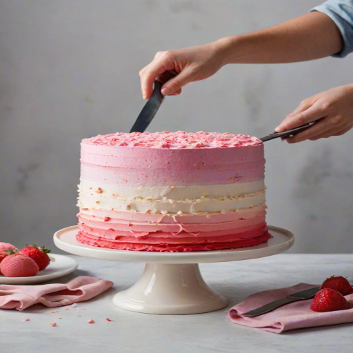 Create an image of a beautifully decorated cake with an ombre effect. The cake should have a smooth gradient from light pink at the top to a deeper pink at the bottom. A person is gently smoothing the sides of the cake with a spatula, showcasing the finishing touches. The cake is placed on a rotating cake stand, and the background should be a clean kitchen setting.