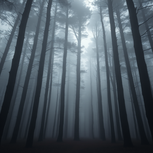 mystical forest with tall, slender trees shrouded in fog, low light, soft focus, captured with a Canon EOS 5D Mark IV, 50mm lens, f/1.8 aperture, ISO 100, 1/60 sec shutter speed, wide angle view, moody atmosphere