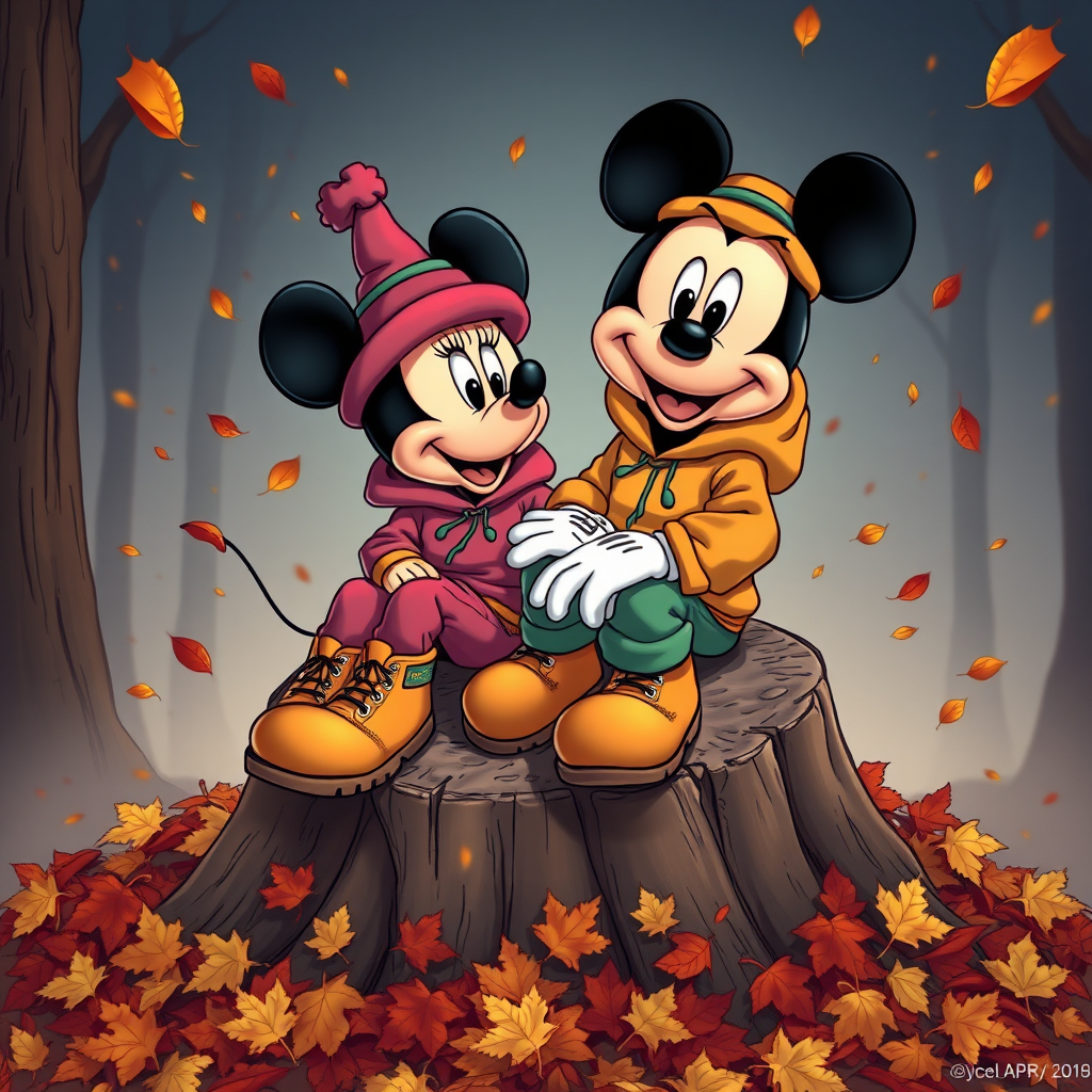 create a cartoon style of Mickey and Minnie wear Fall theme colored sweat suits with timberland boots and Bernie hats sitting together on a big tree stump surrounded by large color pile of raked leaves