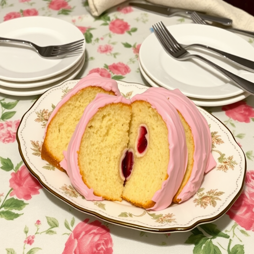 A beautifully arranged plate of freshly sliced cake with pink frosting and a layer of fruit filling visible in the slices, served on a decorative platter with a floral cloth in the background, accompanied by elegant white plates and forks.