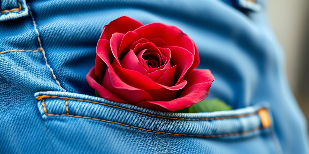 close-up shot of a red rose nestled in the pocket of a pair of blue denim jeans, natural lighting, aperture f/2.8, ISO 100, shutter speed 1/250s, DSLR camera, shallow depth of field
