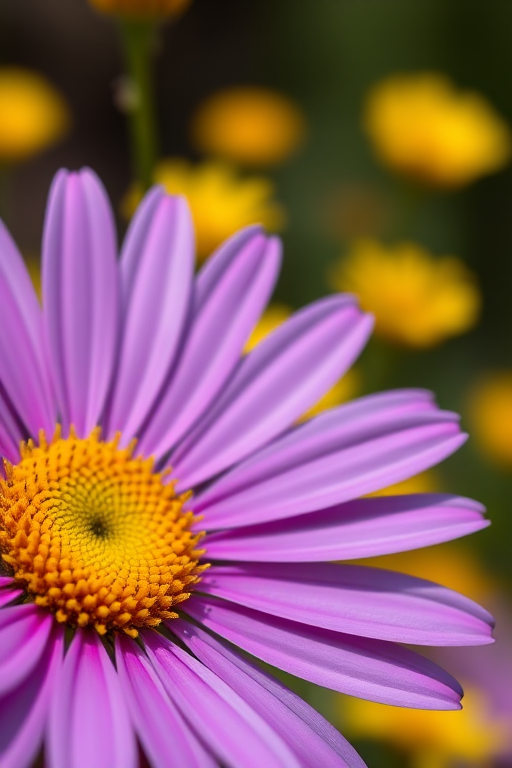 macro shot of a purple daisy with a vibrant yellow center and blurred yellow flowers in the background, 50mm lens, f/1.8 aperture, ISO 100, shot at 1/200s, natural light, DSLR camera