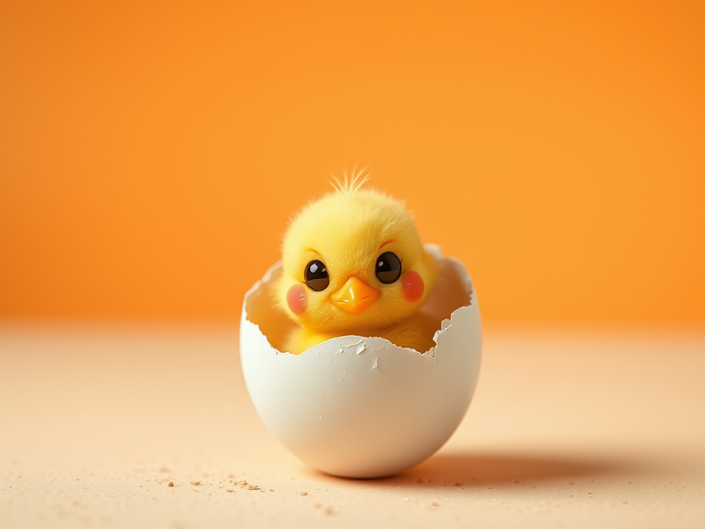 Create a cute cartoon chick emerging from a cracked eggshell against a soft orange background, using a DSLR camera with a 50mm lens, aperture f/2.8, ISO 100, natural daylight, and a shallow depth of field to enhance image quality.