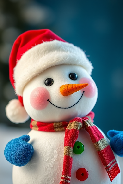 create a high-resolution image of a cheerful snowman wearing a red and white Santa hat, with a carrot nose, blue gloves, a red scarf, and green buttons, taken with a DSLR camera at f/2.8 aperture, ISO 100, 35mm lens, in a soft, diffused lighting environment, focusing on vibrant colors and smooth details, with a slight bokeh background for added depth