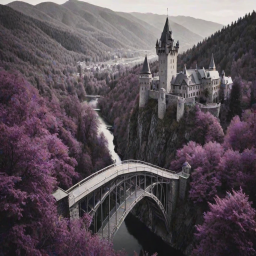day, natural lighting, bridge focus, CandiBRIDGE, no humans, mountain, water, tower, castle, bridge, purple trees, from above, negative space, scenery, intricately detailed illustration, depth of field, atmospheric perspective, purple theme, monochrome, selective coloring