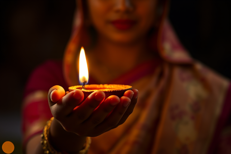 a woman in traditional attire holding a lit diya in her hands with a dark background, warm lighting, shot with a DSLR camera at f/1.8, ISO 200, 50mm lens, soft focus on the diya, bokeh effect in the background, close-up view