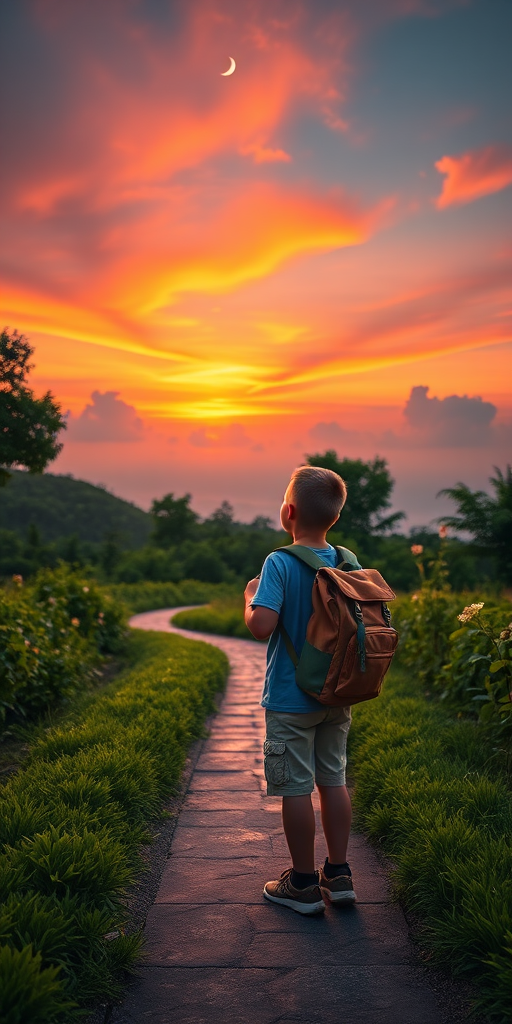 A young boy with a backpack stands on a winding path surrounded by lush greenery, looking up at a vibrant sunset with soft clouds and a crescent moon in the sky, captured with a Canon EOS R5, 50mm lens, f/1.8 aperture, ISO 200, and 1/200s shutter speed, using a warm color palette for a whimsical and nostalgic atmosphere.