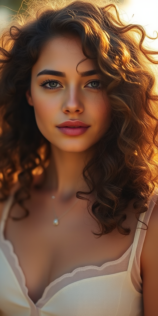 portrait of a woman with curly hair flowing, wearing a sheer top with delicate patterns, natural sunlight, soft focus, aperture f/2.8, ISO 100, 50mm lens, shallow depth of field, DSLR camera, golden hour lighting