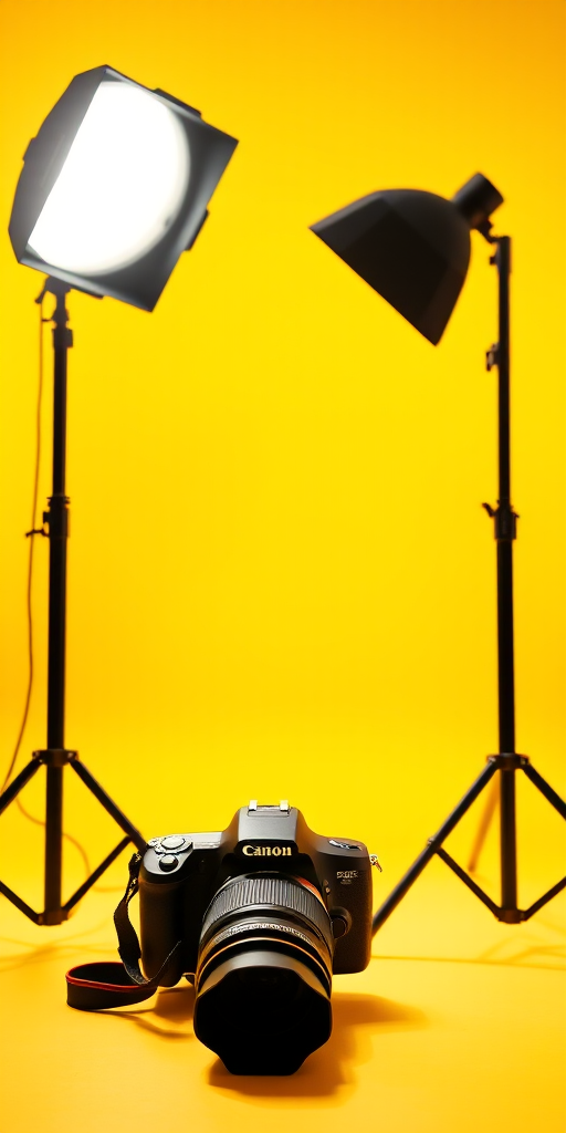 Create an image with a bright yellow background illuminated by two studio lights, using a DSLR camera with a 50mm lens at f/1.8, ISO 100, and a shutter speed of 1/250s, captured from a low angle for a dramatic effect.