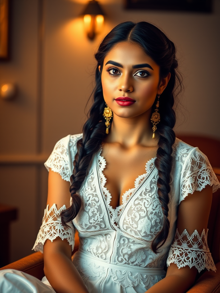 Create a portrait of a refined and elegant Nepali woman seated in a sophisticated setting. She has long, wavy hair styled in two thick braids that are pulled over her shoulders. She wears a white, lace gown with intricate patterns, featuring a deep V-neckline and short sleeves. The dress exudes a vintage charm with its delicate lacework. She is adorned with ornate, dangling earrings that add a touch of glamour to her appearance. The background is softly lit, with warm, ambient lighting that creates a cozy and inviting atmosphere. Her expression is poised and serene, capturing a sense of grace and elegance.