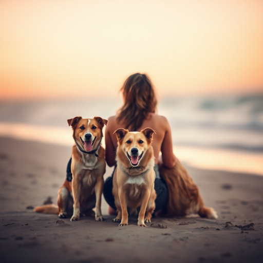 A person sitting on a beach with two dogs, soft focus background, warm colors, watercolor style, depth of field, ISO 200, f/2.8, 1/1000 sec, 50mm lens, DSLR camera.