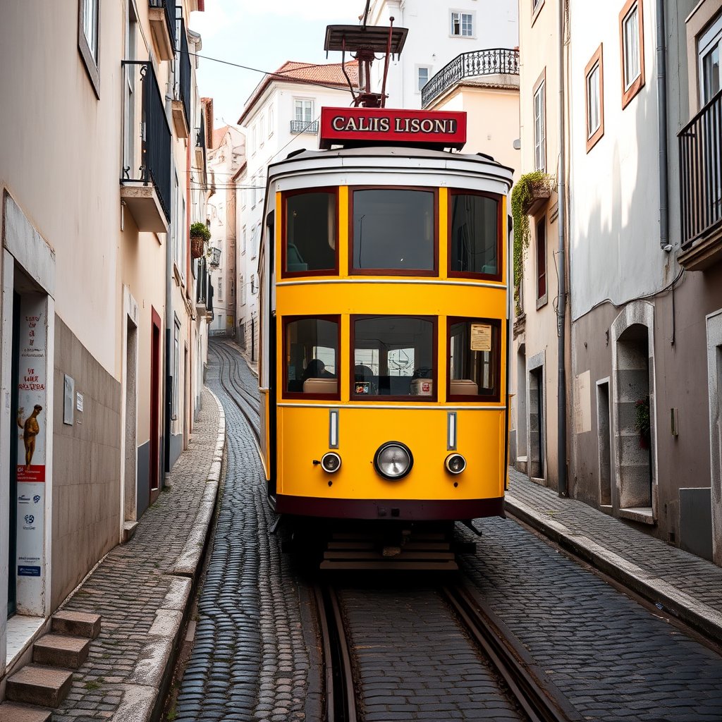 High-quality image of a yellow tram on a steep cobblestone street in Lisbon, with whitewashed buildings in the background, taken with a DSLR camera at f/8, ISO 100, 1/200s, wide-angle lens, natural lighting, eye-level view.
