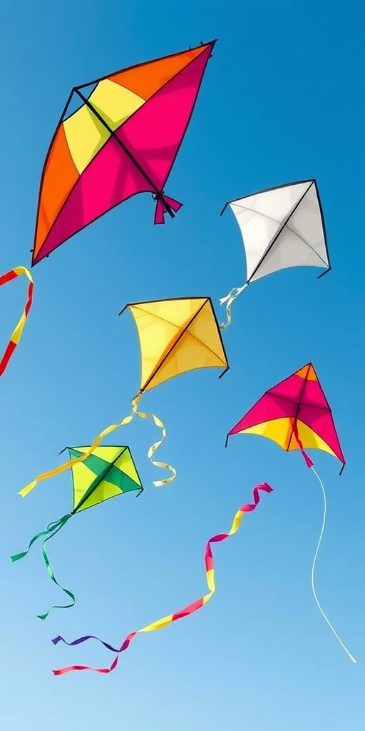 Create a high-resolution illustration of four colorful kites in a clear blue sky, using a DSLR camera at f/8 aperture, ISO 200, 1/500s shutter speed, wide-angle lens for a vibrant view with sharp details and bright colors.