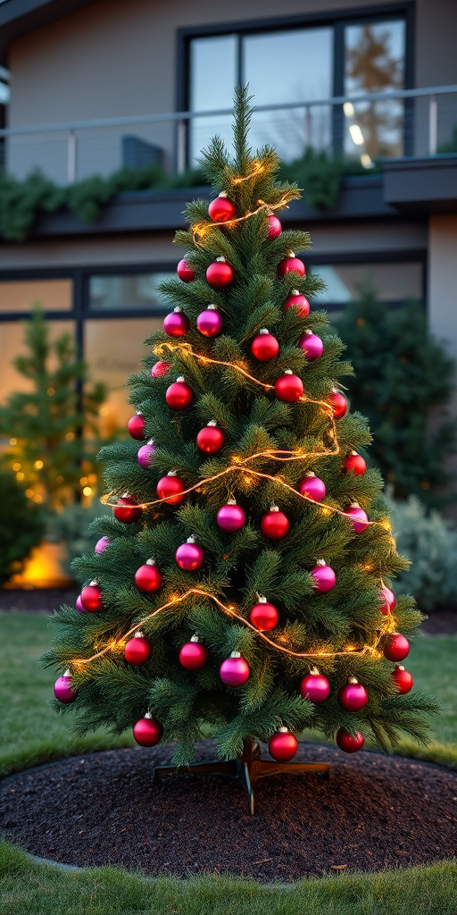 Generate an image of a decorated Christmas tree in a residential outdoor setting. The tree should be lush and green, adorned with colorful ornaments in shades of red, pink, and purple. Include twinkling lights wrapped around the branches, and place the tree on a circular bed of soil. In the background, show a modern house with large windows and greenery. The scene should be captured during the evening, with a warm glow from the lights.