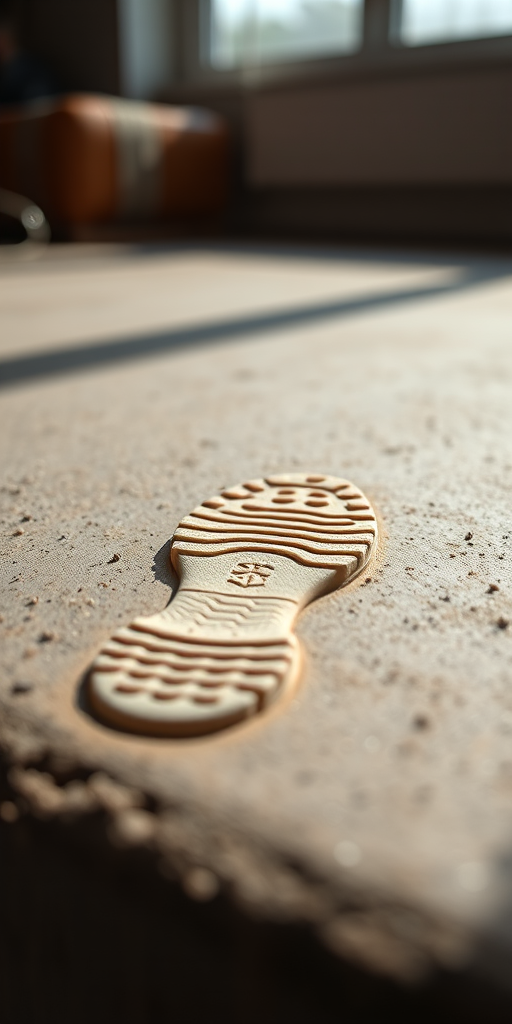 Create a high-resolution image of a single shoe print on a textured surface, shot with a Canon EOS R5, 50mm lens, aperture f/2.8, ISO 100, in soft natural light for enhanced detail.