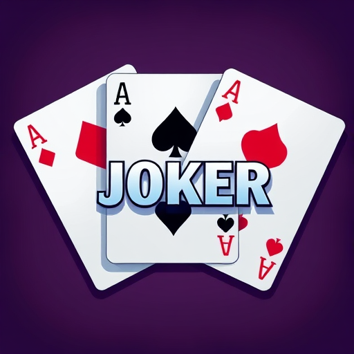 Regenerate an illustration of three playing cards with the word "JOKER" prominently displayed in the center, using a vibrant color palette; camera settings: f/8, ISO 100, 1/60s; camera view: top-down; camera style: digital illustration; camera type: DSLR.